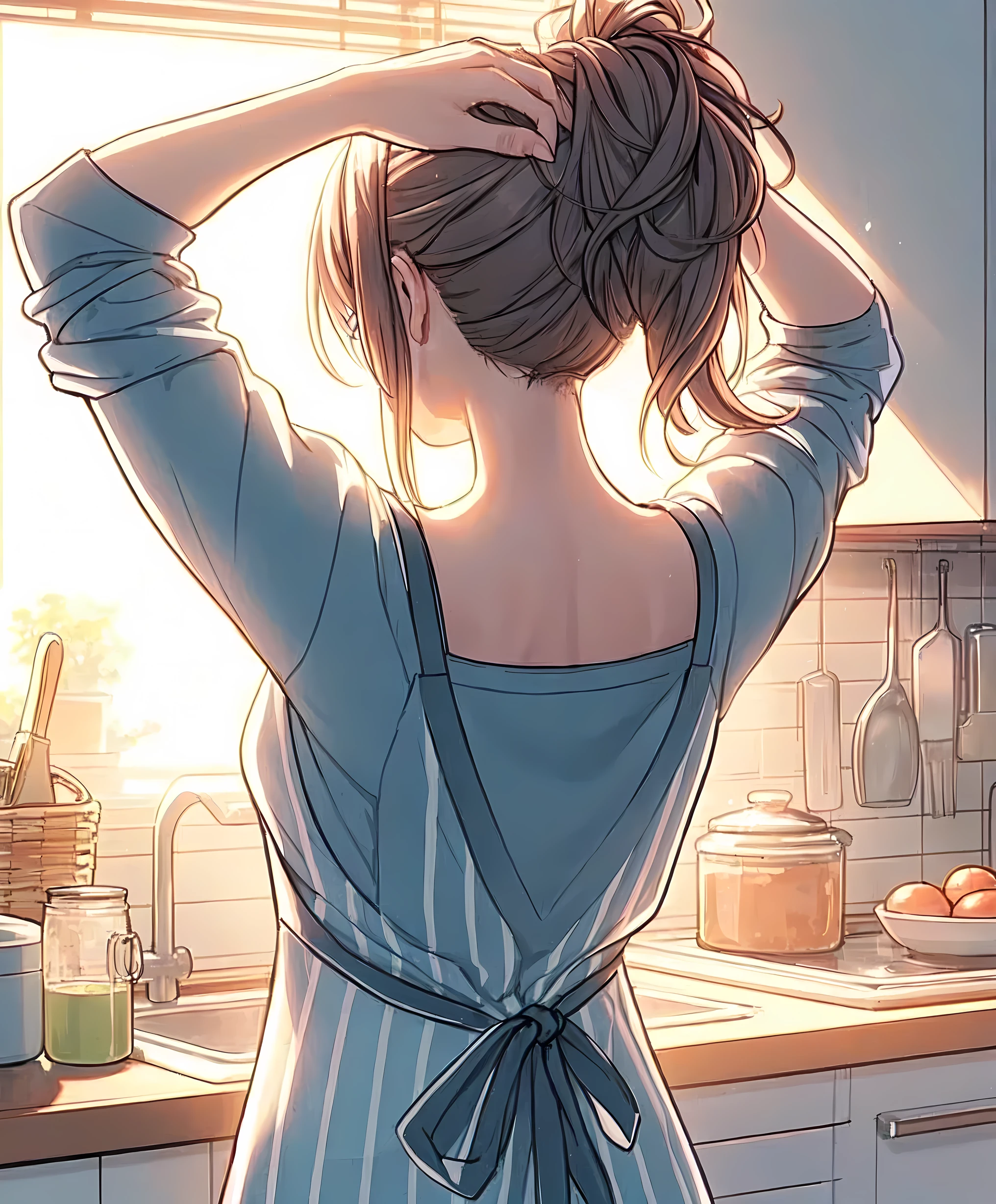 1lady solo, back of head, (from behind), (standing in front of kitchen), (tying hair) (hands up), (calm attire) stylish outfit, (apron), mature female, /(gray brown hair/), hair up, nape of neck, (masterpiece best quality:1.2) delicate illustration ultra-detailed BREAK (modern house kitchen) indoors, morning, sunlight, detailed background