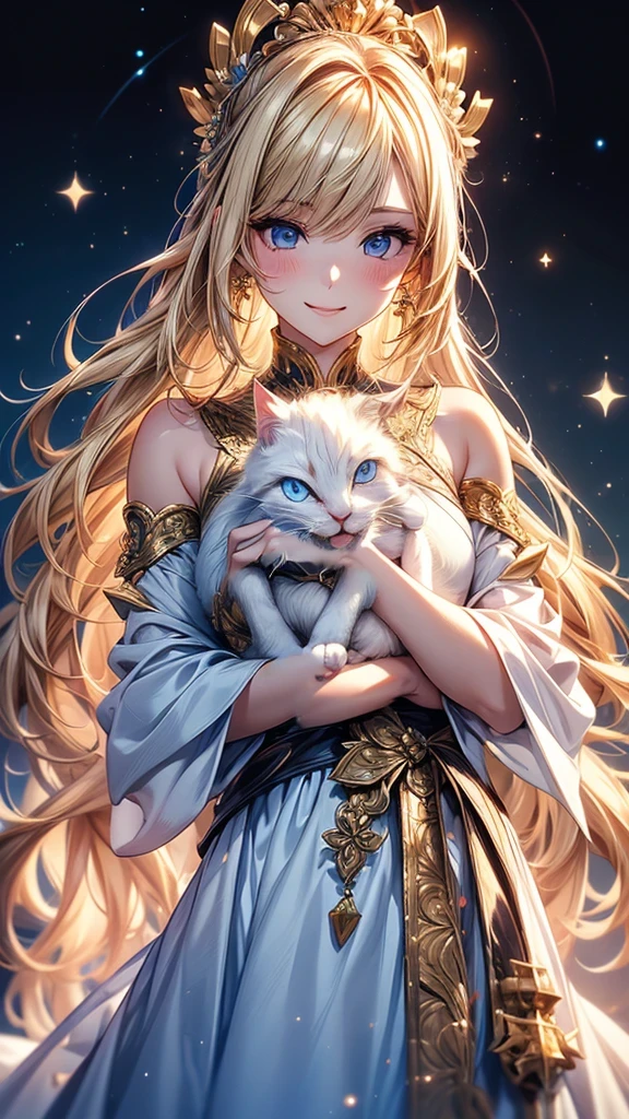 Highly Detailed CG Unity 8K Wallpaper, pretty girl, Mature blonde girl, Half Up,beautiful girl, Hot Maiden, Pale skin (super masterpiece, Fantasy art with intricate detail:1.5,Beautiful person, Well detailed face polluted smile, Her flat chest is completely hidden by her dress、Realistic, Surreal), Pray to the stars,A girl holding a cute white cat in her arms