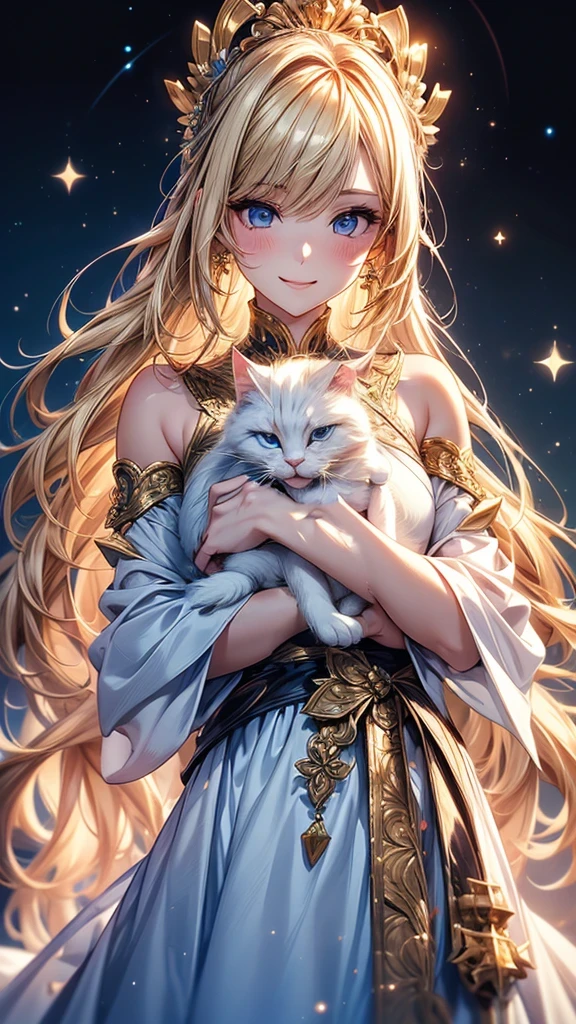 Highly Detailed CG Unity 8K Wallpaper, pretty girl, Mature blonde girl, Half Up,beautiful girl, Hot Maiden, Pale skin (super masterpiece, Fantasy art with intricate detail:1.5,Beautiful person, Well detailed face polluted smile, Her flat chest is completely hidden by her dress、Realistic, Surreal), Pray to the stars,A girl holding a cute white cat in her arms