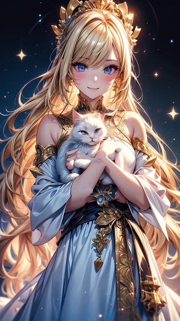 Highly Detailed CG Unity 8K Wallpaper, pretty girl, Mature blonde girl, Half Up,beautiful girl, Hot Maiden, Pale skin (super masterpiece, Fantasy art with intricate detail:1.5,Beautiful person, Well detailed face polluted smile, Her flat chest is completely hidden by her dress、Realistic, Surreal), Pray to the stars,A girl holding a cute white cat in her arms