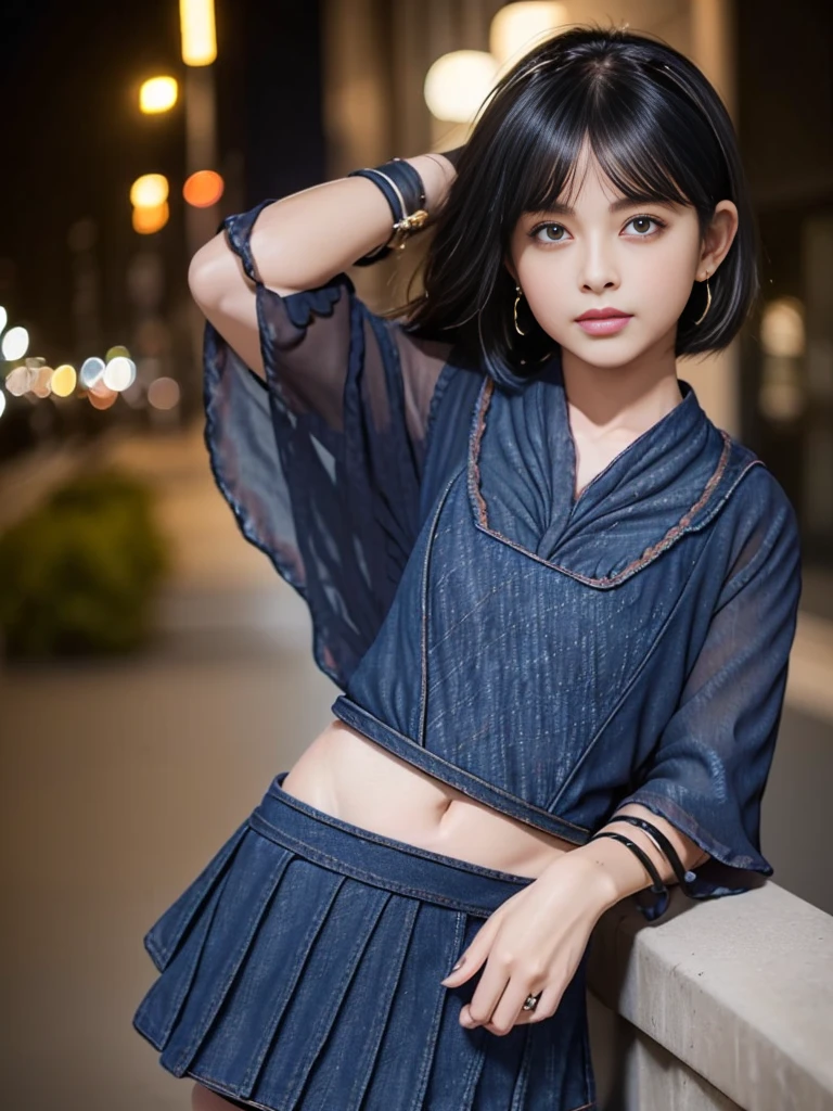 One 18-year-old Japanese woman, (Black chiffon blouse:1.8), (Navy blue denim mini skirt:1.8)、Ultra-high resolution, Superior Quality, highest quality, Super detailed, Realistic, 8k, RAW Photos, highest quality, masterpiece, Attractive young girl, Angelic Girl, Brown Hair, Korean Idol, short hair, Mesh Hair, Glossy lips, Natural Makeup, Japanese Idols, Sophisticated, stylish, Model pose, (Downtown at night:1.3), View Viewer,One girl、