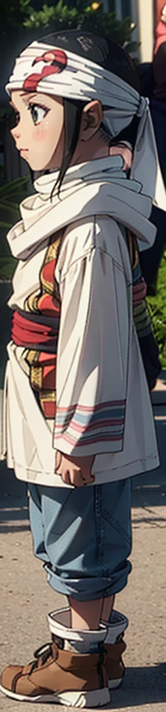 Beautiful kid face quality clothing Extremely beautiful cute kid 7ar old kid kid body extremely detailed clothing expensive cowl bandana on forehead profile image full body image style beautiful kid face side view ultra cute face kid beautiful kid kid like face