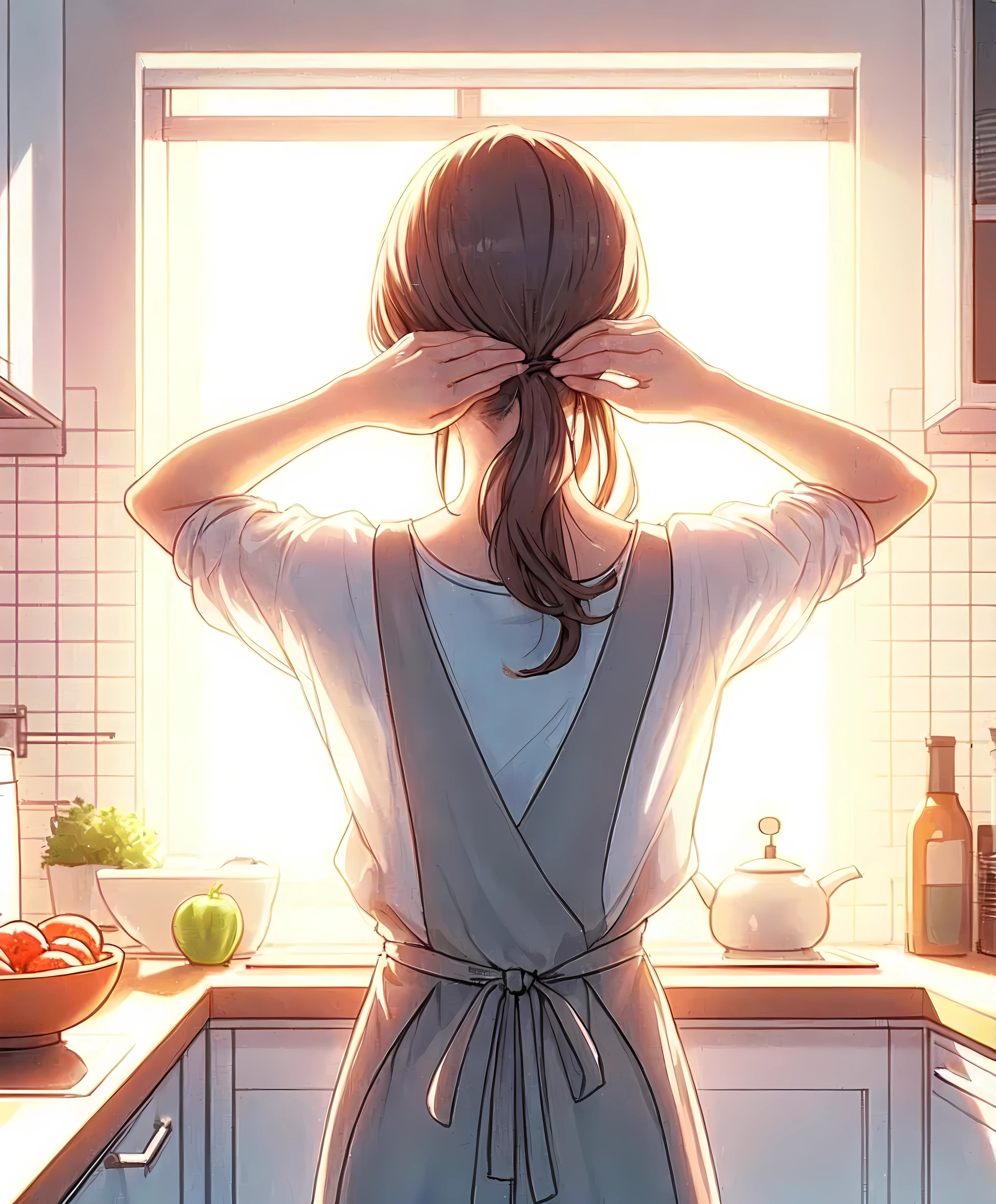 1lady solo, back of head, (from behind), (standing in front of kitchen), (tying hair) (hands up), (calm attire) stylish outfit, (apron), mature female, /(gray brown hair/), hair up, nape of neck, (masterpiece best quality:1.2) delicate illustration ultra-detailed BREAK (modern house kitchen) indoors, morning, sunlight, detailed background