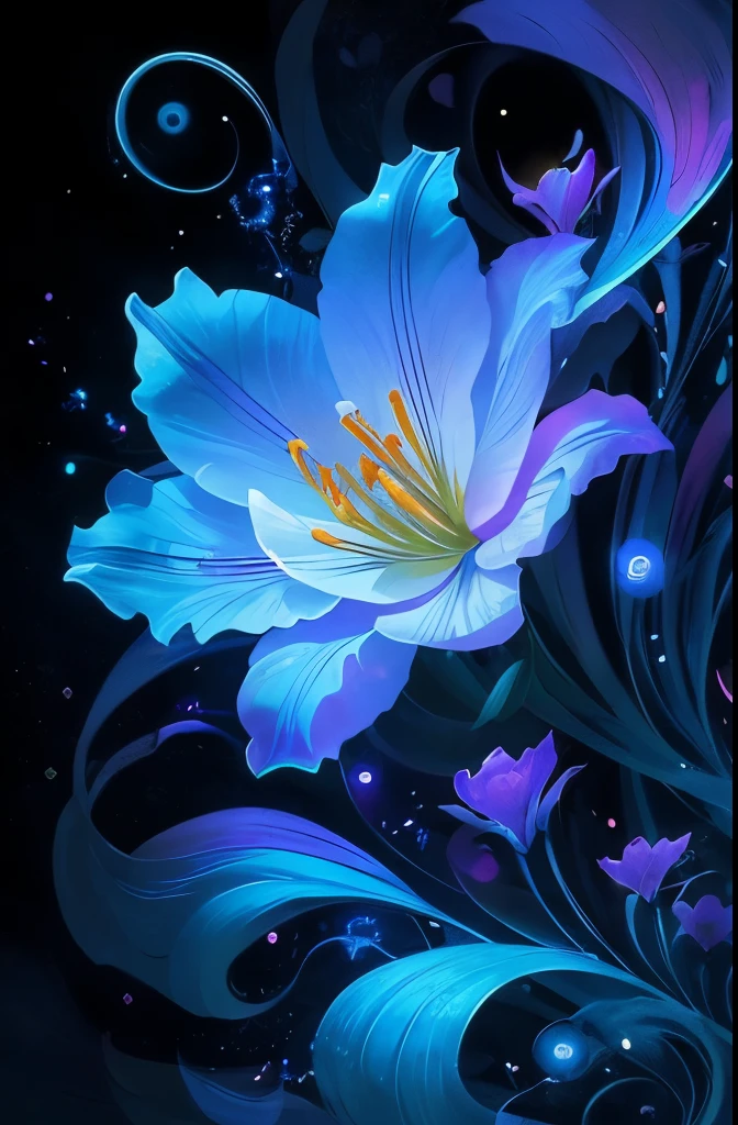 a flower with swirls and a blue background, glowing delicate flower, beautiful!!! digital art, gorgeous digital art, beautiful gorgeous digital art, very beautiful digital art, lily flower, beautiful color art!, beautiful digital art, by Marie Bashkirtseff, magical flowers, 🌺 cgsociety, beautiful flower, glowing flowers, by Albert Kotin, luminous flowers