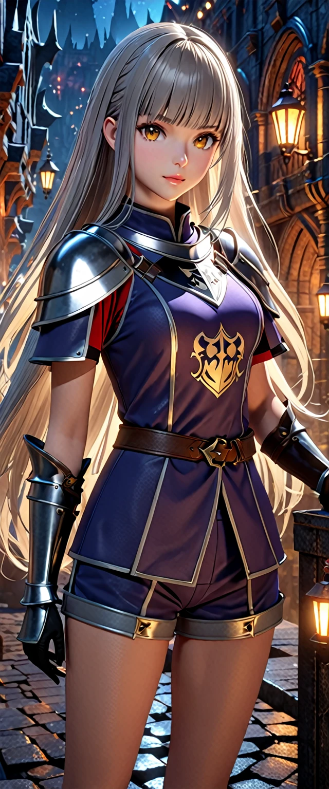 ((Top Quality)), ((Masterpiece)), (Detail), high resolution, Perfect Face, Fine Eyes, Depth of Field, Special Shading, (photorealistic), (upper body), (1 beautiful girl), demon, medium breasts, (grey hair, very long hair, blunt bangs), ((knight wagon uniform, short pants)), fantasy, Smooth anime CG art, 3D Images, Light particles, Lost City at night