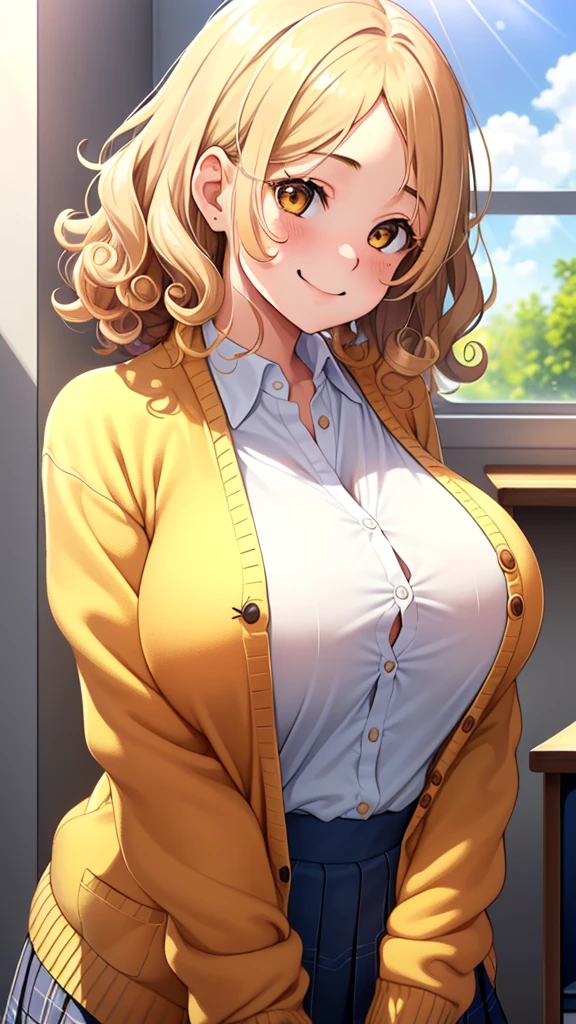 1 girl, alone, Upper body, smaller breasts, uniform, Wearing a yellow cardigan, cream hair, curly hair brown eyes, long eyelashes, thick eyelashes, looking at the viewer, gentle smile, white shirt, School,Sunlight,breeze,Big breasts