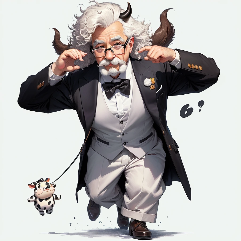 cartoon cow wearing glasses and a coat with a bow tie, baby cow, bovine, hd illustration, by Steve Prescott, fantastic , Kids' animal cow, Einstein , Einstein characteristics baby cow. Think bushy eyebrows, thick mustache, crazy hair, mikecow, by Albert Einstein, black and white vector art, mcbess illustration, mcbess, by Tadeusz Pruszkówski, by Adam Marczyński, official illustration