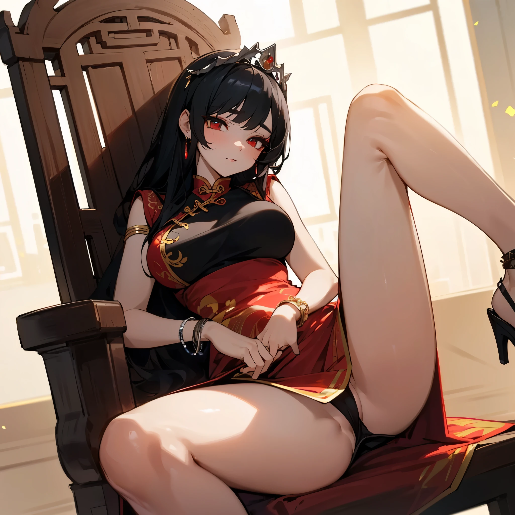 (((8K, masterpiece, best quality, ultra detailed))), HDR, lens flare, particles, chinese gorgeous royal style, A cute chinese princess on a throne in a palace, (composition close to her), (perfect anatomy), spread legs, lift up skirt, show off panty, ((detailed short cheongsam, detailed face, detailed smooth skin legs, detailed eyes, detailed sexy panty, detailed straight black hair)), large breasts, red eyes, many large presence accessaries, stiletto heel, tiara, hair ornaments, earrings, bracelets, anklets, trinkets, smoky makeup, eyeshadow, heavy makeup,