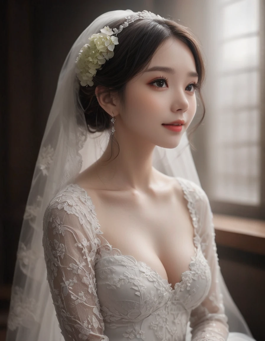 from side, close up face, look away, smile, frilly long sleeves, white lace veil, kawaii, The bride is dressed in a white wedding dress, and her cheeks are flushed with happiness. Her profile exudes a quiet beauty, and a vibrant hydrangea flower is added to her ear. The petals of the hydrangea enhance the elegance of the bride, and its color symbolizes her happiness. This scene celebrates pure love, happiness, and a new beginning.