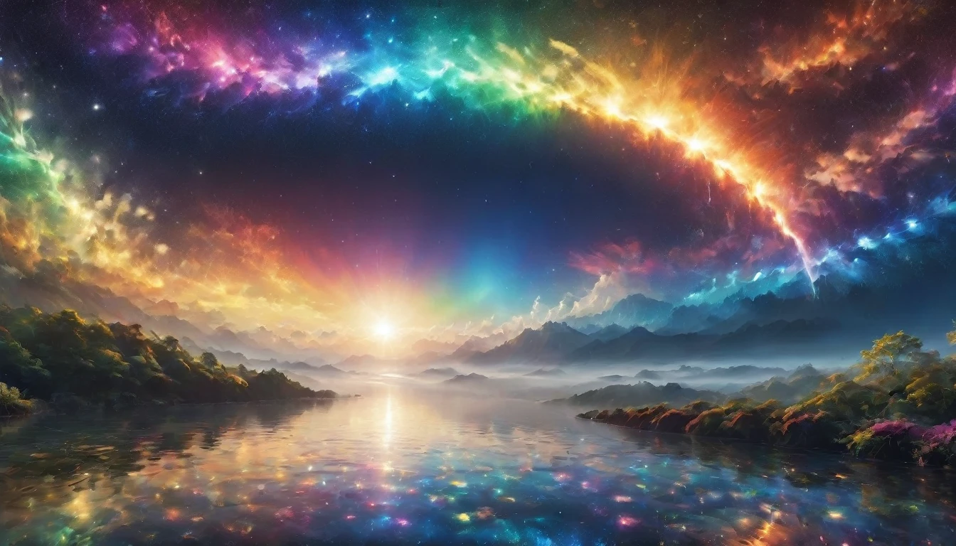 There is a shrine and a fence in front、Rainbow-coloredの花々is in full bloom、Two moons、wide landscape photography, (View from below, The sky is above, And the open field is below), wallpaper, (meteor: 0.9), Distant Mountain々 , wood々Destroying art, (Warm Light: 1.2), (Firefly: 1.2), Light, Lots of purple and orange, Intricate details, Volumetric Lighting Break (masterpiece: 1.2), (highest quality), 4K, Very detailed, (moving composition: 1.4), Rich color and detail, (Rainbow-colored: 1.2), (Shine, Atmospheric lighting), dream-like, magic, (alone: 1.2),Chill,Electro,Chillout, god々Shii,