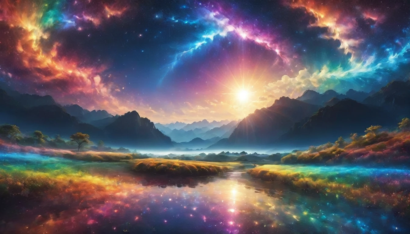 There is a shrine and a fence in front、Rainbow-coloredの花々is in full bloom、Two moons、wide landscape photography, (View from below, The sky is above, And the open field is below), wallpaper, (meteor: 0.9), Distant Mountain々 , wood々Destroying art, (Warm Light: 1.2), (Firefly: 1.2), Light, Lots of purple and orange, Intricate details, Volumetric Lighting Break (masterpiece: 1.2), (highest quality), 4K, Very detailed, (moving composition: 1.4), Rich color and detail, (Rainbow-colored: 1.2), (Shine, Atmospheric lighting), dream-like, magic, (alone: 1.2),Chill,Electro,Chillout, god々Shii,