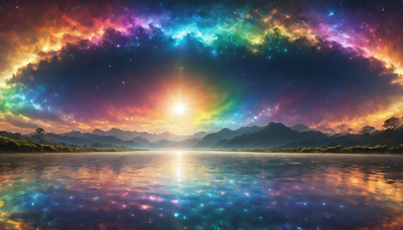 There is a shrine and a fence in front、Rainbow-coloredの花々is in full bloom、Two moons、wide landscape photography, (View from below, The sky is above, And the open field is below), wallpaper, (meteor: 0.9), Distant Mountain々 , wood々Destroying art, (Warm Light: 1.2), (Firefly: 1.2), Light, Lots of purple and orange, Intricate details, Volumetric Lighting Break (masterpiece: 1.2), (highest quality), 4K, Very detailed, (moving composition: 1.4), Rich color and detail, (Rainbow-colored: 1.2), (Shine, Atmospheric lighting), dream-like, magic, (alone: 1.2),Chill,Electro,Chillout, god々Shii,
