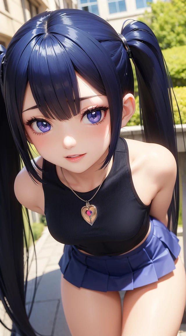 (masterpiece:1.3), (Best Quality:1.3), (Ultra-detailed:1.2), ((kawaii)), Cute, (lovely), ((sexy)), ((Extremely detailed)), 4K, (8K), Best Quality, (Beautiful), Illustration, anime style, (bold line:1.2), Gradation, looking at viewer, //, (bent down:1.1), (arms behind back), //, a cute girl, 1girl, (solo:1.2), gleaming skin, //, (flat chested), (Perfect eyes:1.2), (Perfect iris:1.2), //, darkblue hair color, (beautiful eyes) //, (half closed eyes:1.3), (sexual expression:1.2), Fascinated expression, smile, (blush:1.2), //, modern city background, on rock, twin tails, muscle girl, hard abs, exposed abs, NECKLACE, tight blouse, skirt