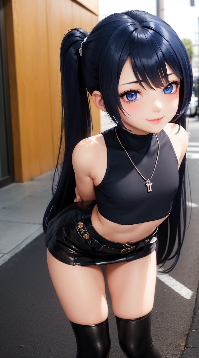 (masterpiece:1.3), (Best Quality:1.3), (Ultra-detailed:1.2), ((kawaii)), Cute, (lovely), ((sexy)), ((Extremely detailed)), 4K, (8K), Best Quality, (Beautiful), Illustration, anime style, (bold line:1.2), Gradation, looking at viewer, //, (bent down:1.1), (arms behind back), //, a cute girl, 1girl, (solo:1.2), gleaming skin, //, (flat chested), (Perfect eyes:1.2), (Perfect iris:1.2), //, darkblue hair color, (beautiful eyes) //, (half closed eyes:1.3), (sexual expression:1.2), Fascinated expression, smile, (blush:1.2), //, modern city background, on rock, twin tails, muscle girl, hard abs, exposed abs, NECKLACE, tight blouse, skirt