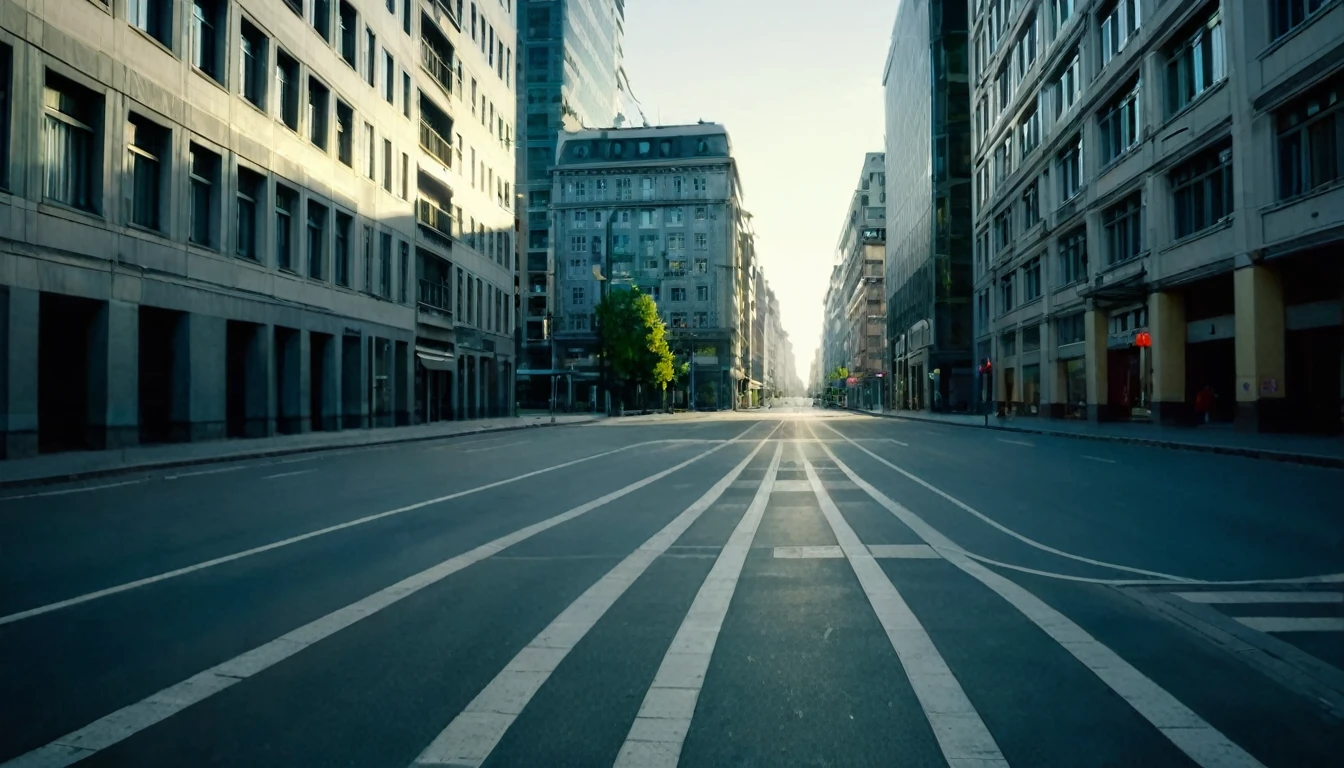 first person view, inside a city, several buildings, late afternoon, no people on the streets