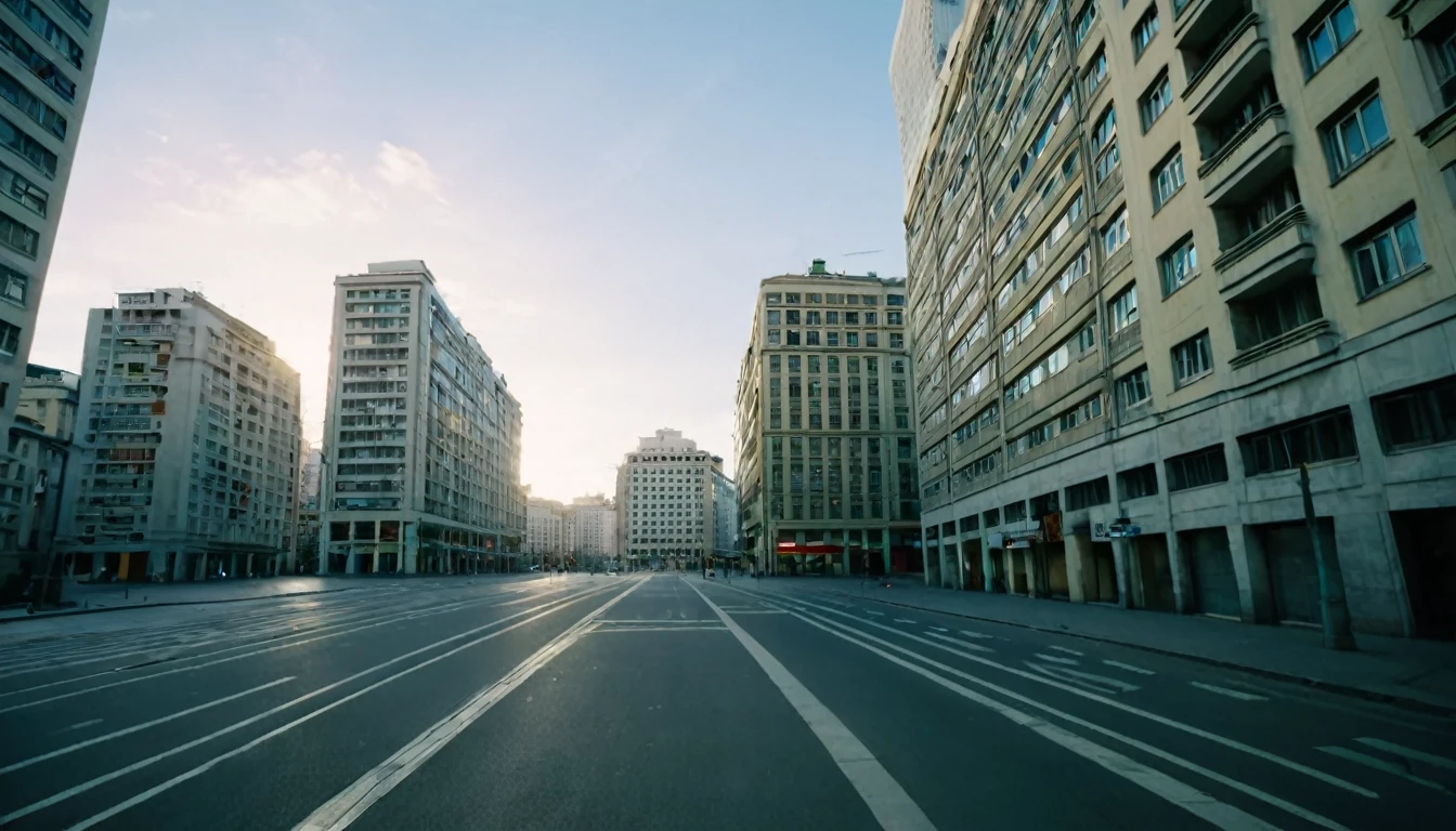 first person view, inside a city, several buildings, late afternoon, no people on the streets