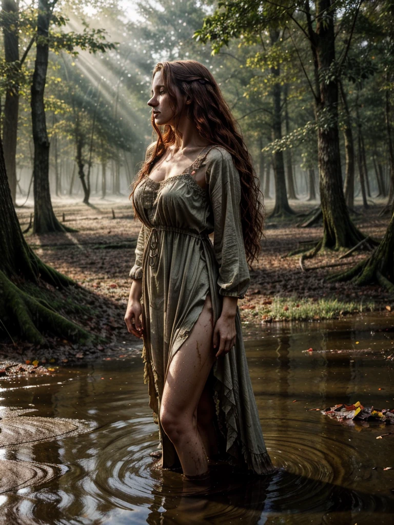 Jan Matejko's style. A portrait depicting a mature woman as Ophelia in sunlight with dirty, long red wavy hair. A pose full of resignation. Front view. Wearing a worn and torn long lace dress from the Middle Ages. She stands knee-deep in water. The long dress is wet and stained with mud. All around there is a dense and gloomy swampy forest shrouded in morning fog. Sunlight creates an interesting chiaroscuro, vivid colors. Lots of broken trees and branches. Forest lake in the background.