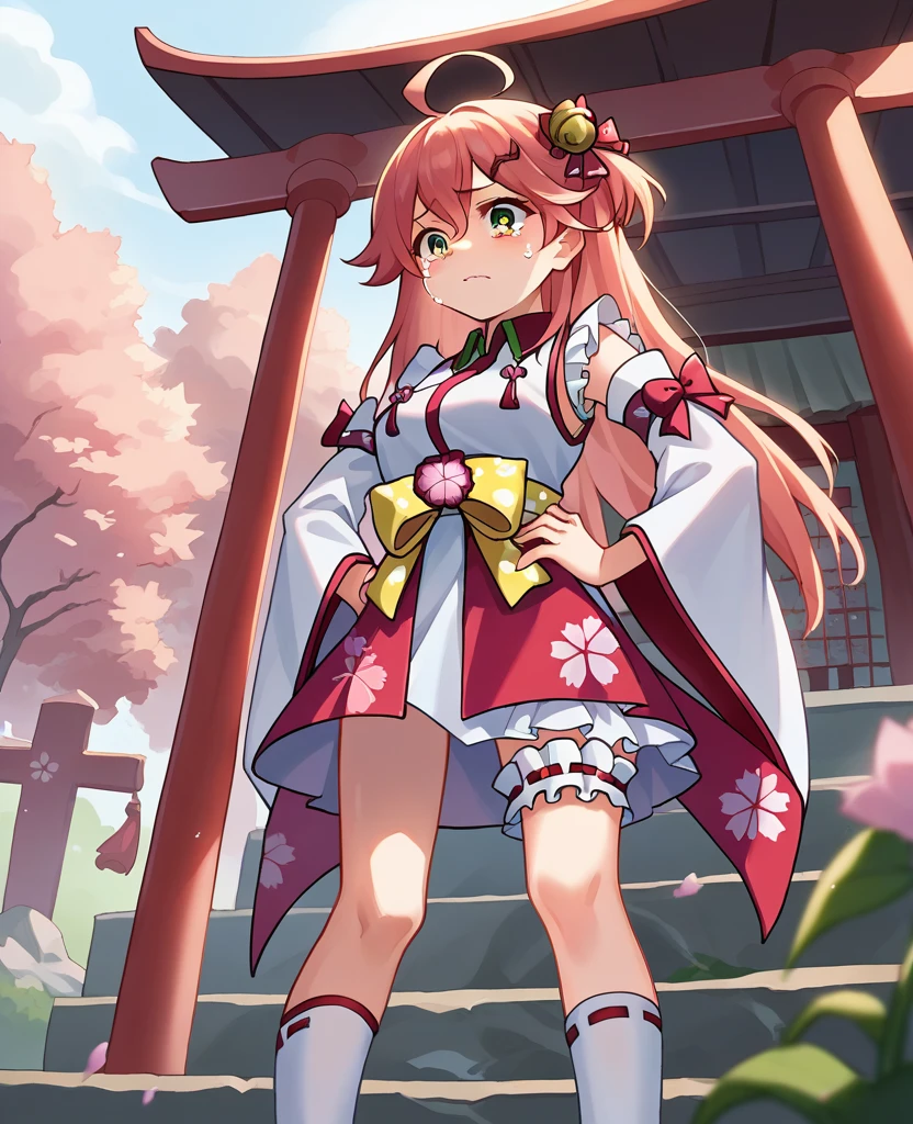 score_9, score_8_Excellent, sauce_anime, One Girl, alone, Miko Base, Long Hair, Ahoge, one side Excellent, Hair Bell, Cherry blossom print, Non-traditional Shrine Maiden, Frills, Single knee socks, Bridal Garter, Hands on hips, Outdoor, shrine, cry, Upper body only, tears