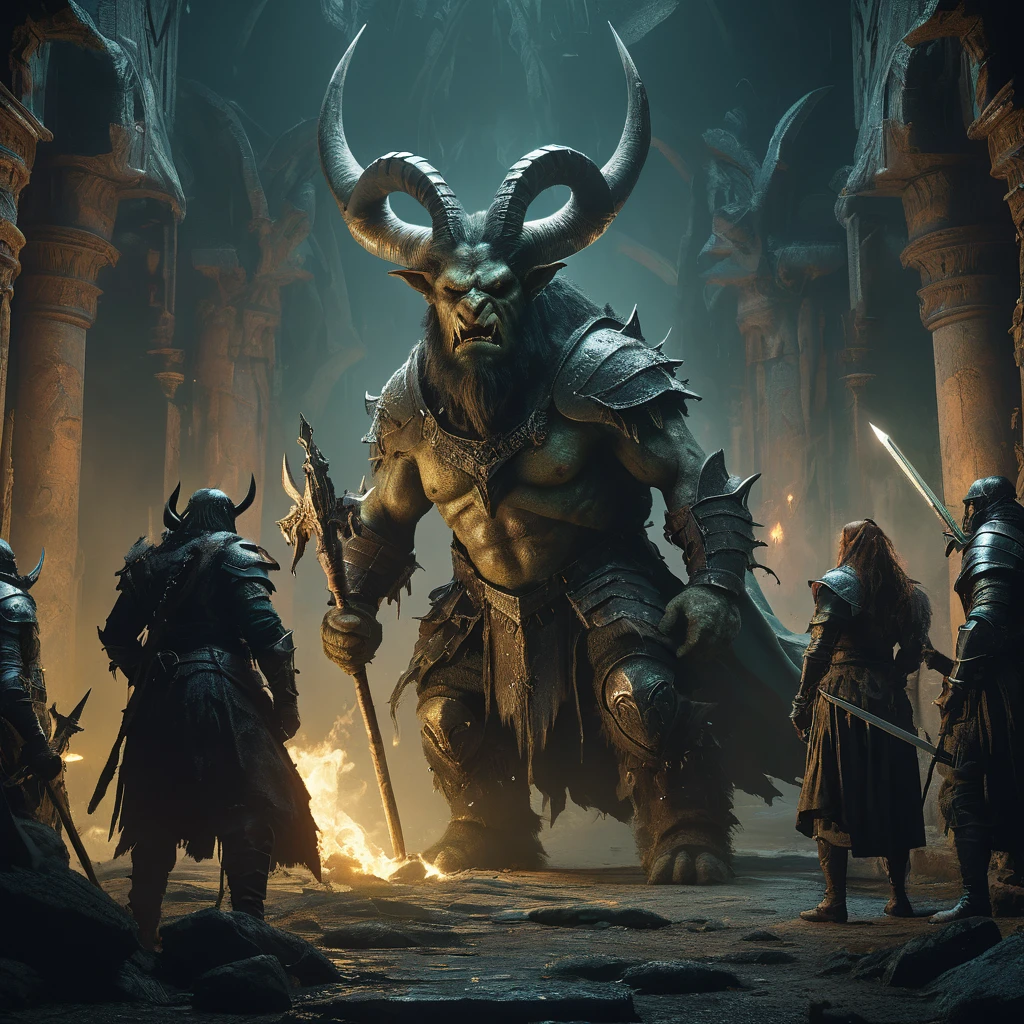 A group of menacing knights, a woman with horns, a large orc woman, a feral wild man, and a mad wizard, ultra detailed, highly realistic, photorealistic, cinematic lighting, dramatic composition, dark fantasy art, muted color palette, chiaroscuro lighting, moody atmosphere, cinematic camera angle, intricate details, impeccable rendering, masterpiece