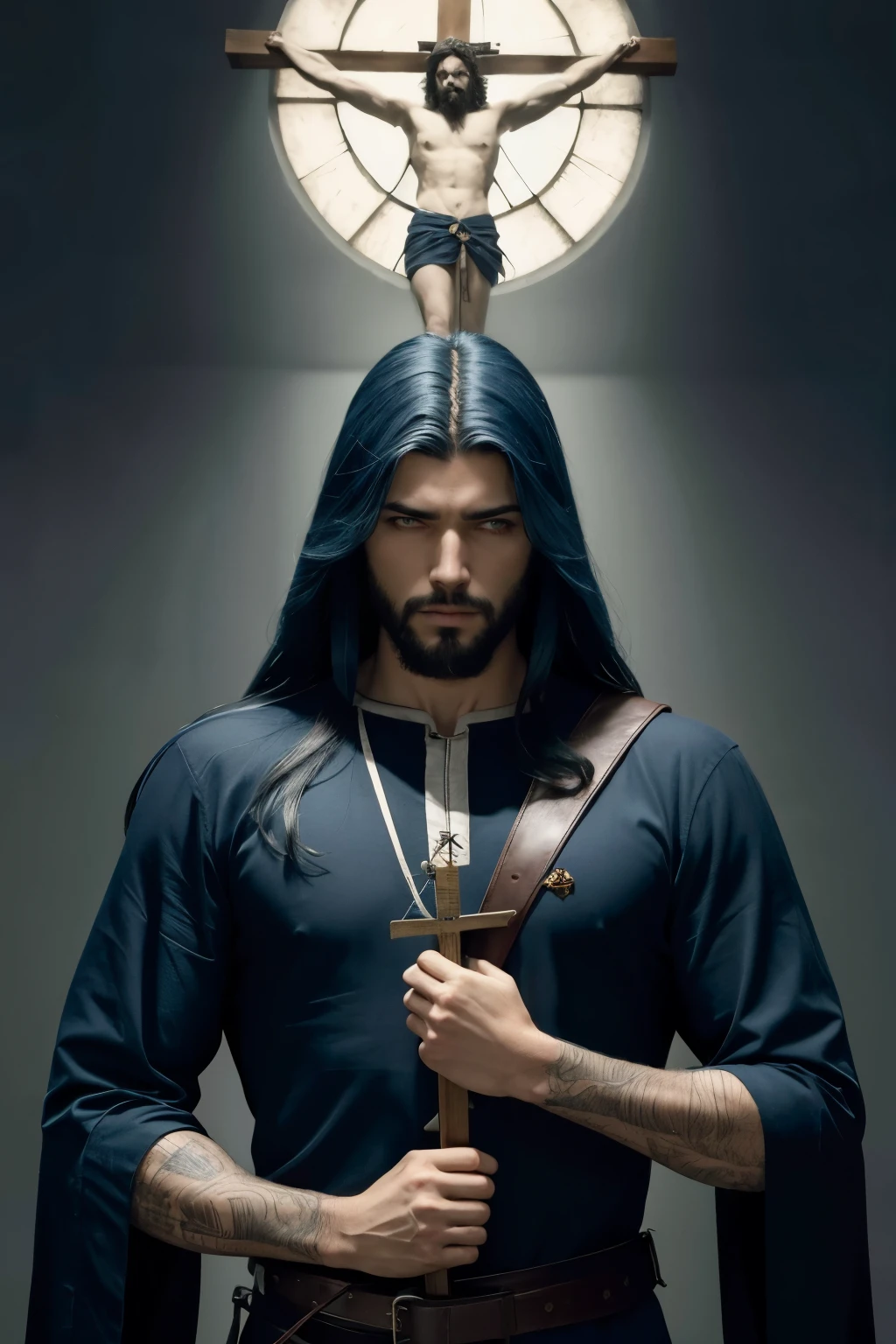 homem, cabelo azul curto arrepiado, Hunter, pentagrama, crucifico

