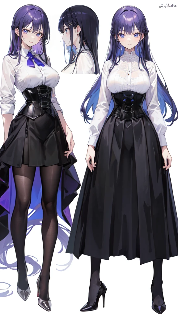Purple Hair,Super long hair with volume,Adult female,(suit),White Y-shirt,((Rolling up his sleeves)),(corset),(Black skirt),(Slim silhouette skirt),(High heels),Heels are visible,((Simple white background)),smile,((whole body)),((full body)),Character Sheet,