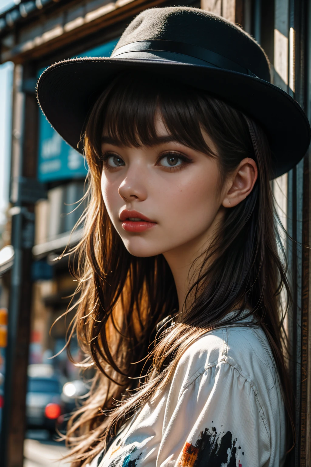 A striking, artistic photo of a young female artist with a bold expression. She wears a black fedora and a paint-splattered white shirt, while holding a paintbrush with an array of vibrant colors. The background is a beautiful blend of abstract shapes and lines, possibly representing a canvas. There is a palette of paints in the foreground, and a sense of creativity and passion radiates from the entire scene.
