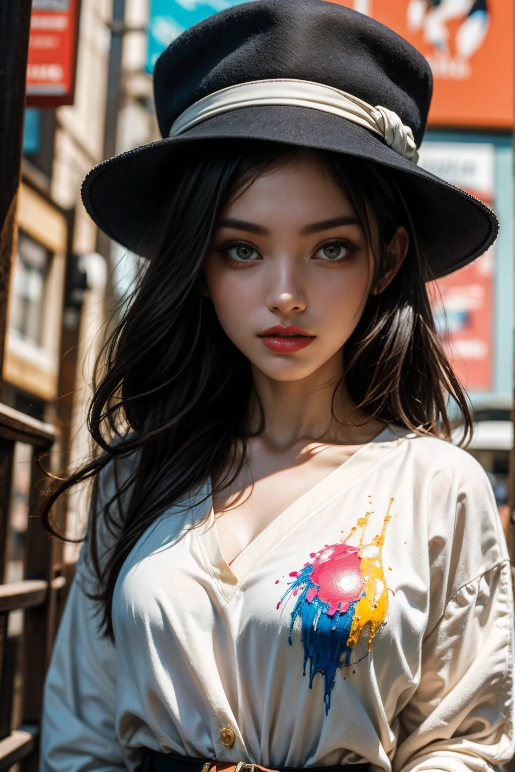 A striking, artistic photo of a young female artist with a bold expression. She wears a black fedora and a paint-splattered white shirt, while holding a paintbrush with an array of vibrant colors. The background is a beautiful blend of abstract shapes and lines, possibly representing a canvas. There is a palette of paints in the foreground, and a sense of creativity and passion radiates from the entire scene.
