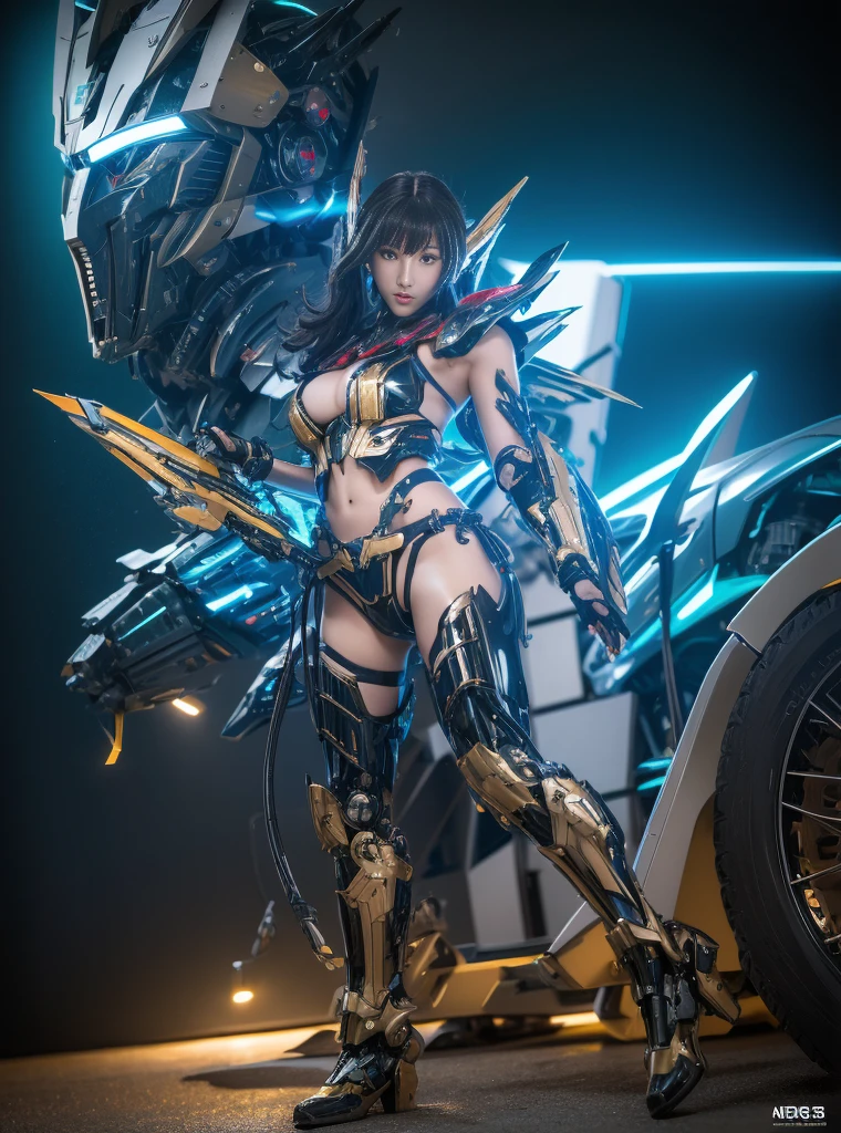Textured Skin, Super Detail, High Detail, high quality, best quality, High resolution, 1080P, harddisk, beautiful,(transformers),(Arcie),beautiful女人,Mecha Girl,Battle Mode,Mecha Girl,She wears a futuristic Arcie mech,Female Warrior,Full body image