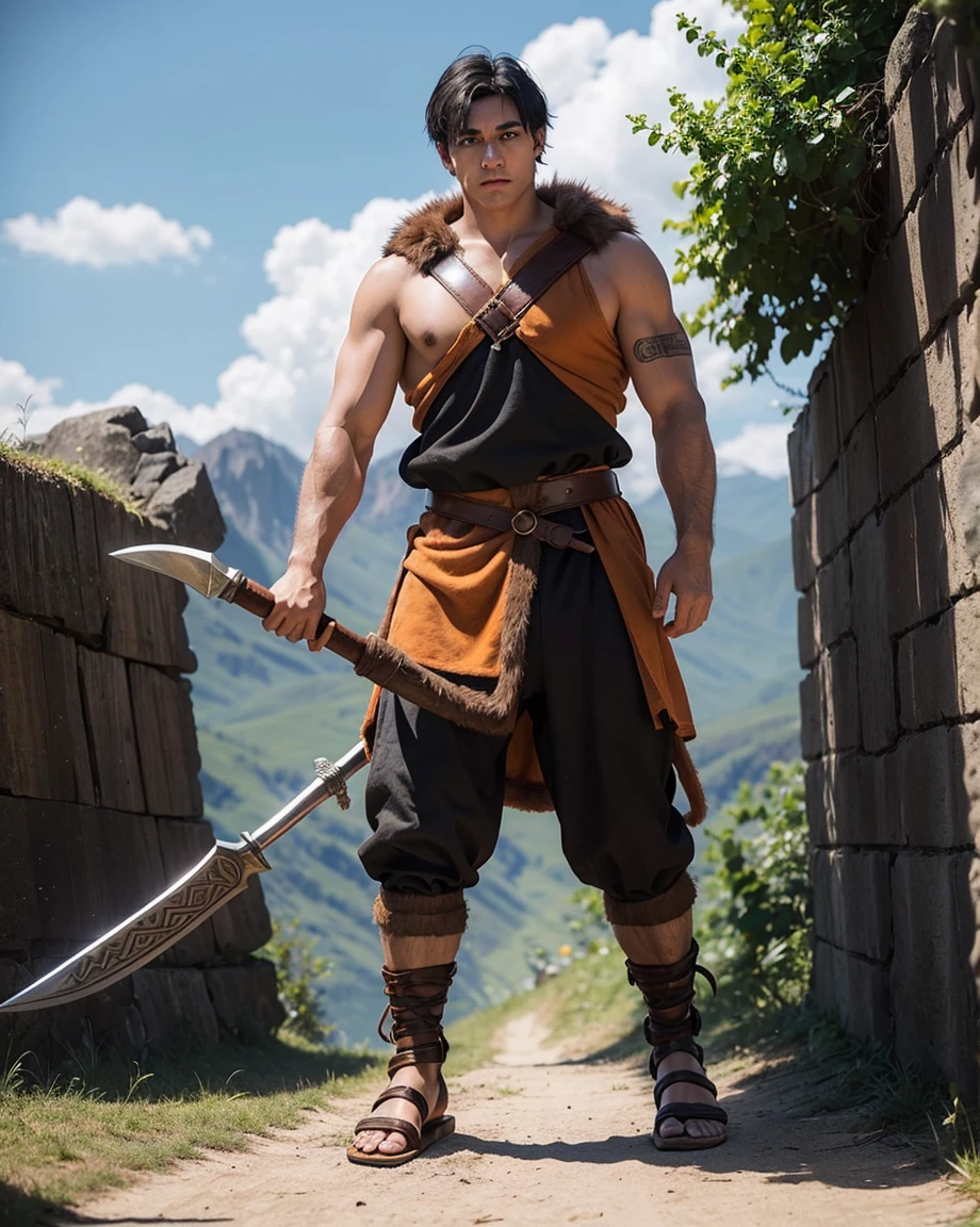 Youth with short black hair and brown eyes, fair skin and clean-shaven, dressed in short orange medieval barbarian fur tunic and trousers, weilding giant axe, sandals; fullbody; short hair, masculine, athletic
