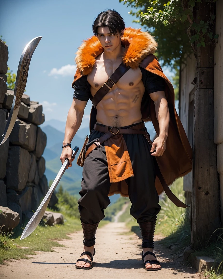 Youth with short black hair and brown eyes, fair skin and clean-shaven, dressed in short orange medieval barbarian fur tunic and trousers, weilding giant axe, sandals; fullbody; short hair, masculine, athletic