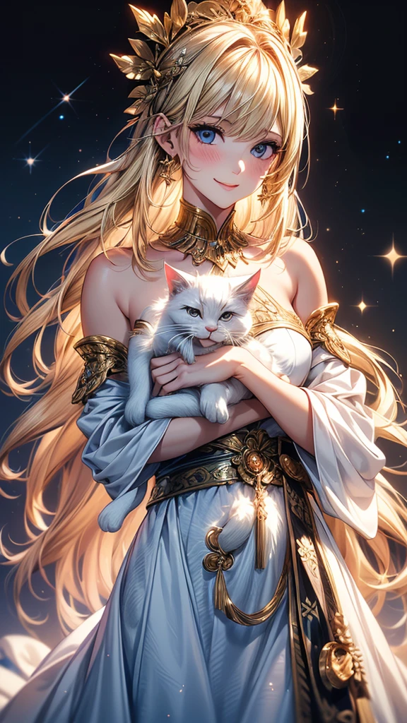 Highly Detailed CG Unity 8K Wallpaper, pretty girl, Mature blonde girl, Half Up,beautiful girl, Hot Maiden, Pale skin (super masterpiece, Fantasy art with intricate detail:1.5，Beautiful person, Well detailed face polluted smile, Her flat chest is completely hidden by her dress、Realistic, Surreal), Pray to the stars,A girl holding a cute white cat in her arms