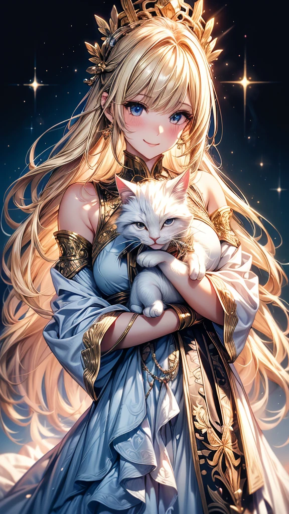 Highly Detailed CG Unity 8K Wallpaper, pretty girl, Mature blonde girl, Half Up,beautiful girl, Hot Maiden, Pale skin (super masterpiece, Fantasy art with intricate detail:1.5,Beautiful person, Well detailed face polluted smile, Her flat chest is completely hidden by her dress、Realistic, Surreal), Pray to the stars,A girl holding a cute white cat in her arms