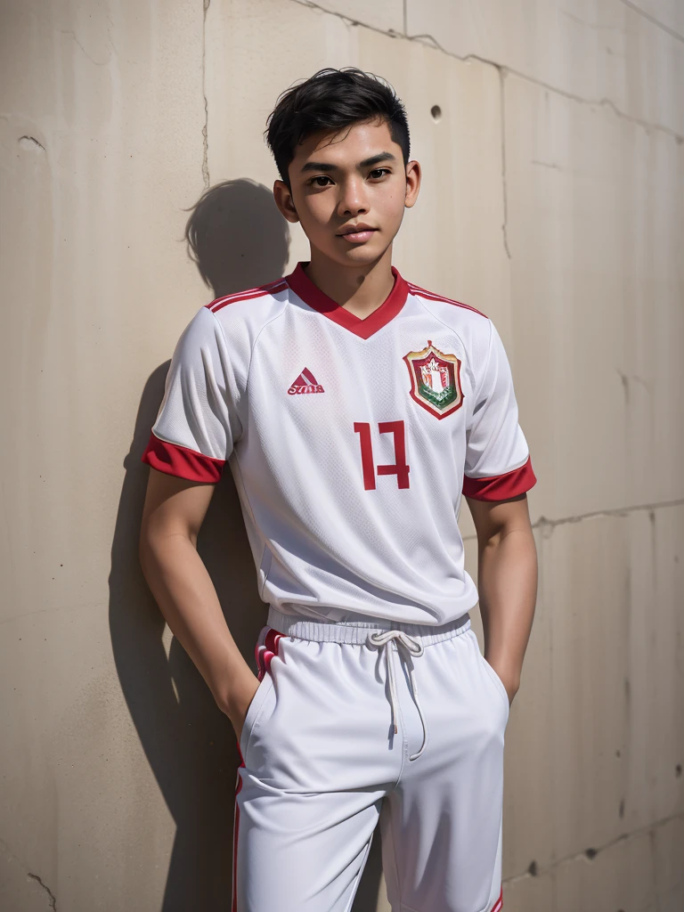 A young Indonesian man with short hair, wearing a red Indonesian national football team jersey, cream pants, and white sneakers. Casually and confidently, he leans against an aesthetic wall. The touch of beautiful colors and textures of the wall creates a captivating visual harmony, capturing a moment full of energy and spirit.