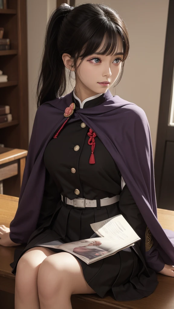 kanaotsuyuri, kanao tsuyuri, black hair, butterfly, butterfly hair ornament, (purple eyes:1.1), side ponytail, ponytail,
BREAK black skirt, cape, demon slayer uniform, long sleeves, pleated skirt, skirt, white cape,
BREAK looking at viewer,
BREAK indoors, classroom,
BREAK (masterpiece:1.2), best quality, high resolution, unity 8k wallpaper, (illustration:0.8), (beautiful detailed eyes:1.6), extremely detailed face, perfect lighting, extremely detailed CG, (perfect hands, perfect anatomy),