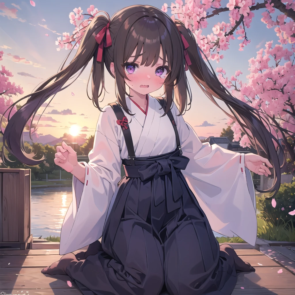 masterpiece, best quality, absurdres, ultra detailed, 8K, a girl, medium hair, twintail, brown hair, purple eyes, , hakama, front view, cowboy shot, from below, fear, embarrassed, looking at viewer, with tears in eyes, wariza, hair ribbon, park, with a cherry blossom, at sunrise