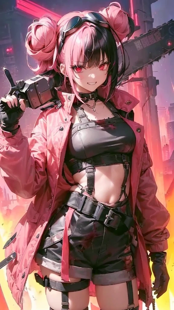 ultra-detailed, Girl, beautiful eyes, red eyes, , cute figure, cute face, grin, executioner, cyberpunk style goggles on head, sharp eyes, wild and daring, hair color is pink gradient with black accent on left side only, hair in bun , bob-cut bangs, (((Clothes are dirty or tattered))), large military design jacket, black shorts, thigh-high knee socks, boots, leather gloves with fingers cut off, (((Cute designed saws))), pink cloth-clad hell's death squad in background Strong men, composition like a scene from a movie, 16K. a scene from a movie, 16K, top quality, masterpiece