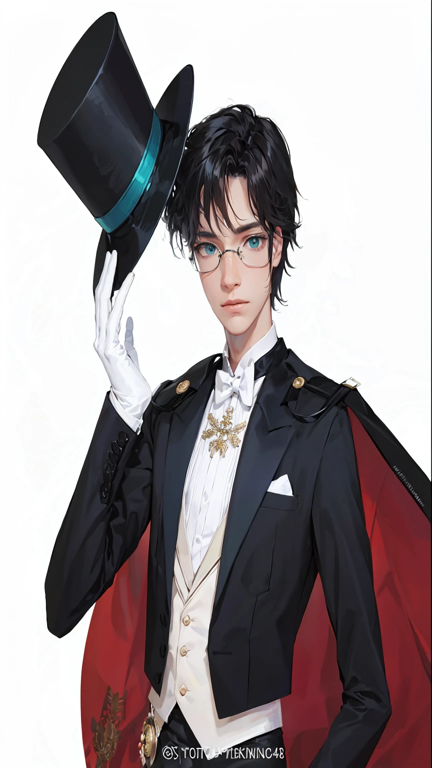 Amazingly detailed and ultra-realistic young man, just like in the movie. Half Body. He is wearing a tuxedo over a white vest and a white shirt., Back shoes and black watch, Red inside. He is handling the topper that lies close to his head. Octane、The perfect tool to capture the softest details of this 16k photography masterpiece.。. He is a handsome white man in his 30s.. One boy. Asian. Beautiful Face. Detailed face. Beautiful Nose. (Quite large turquoise eyes).  Shaven. He has short black hair. Messy black hair. ((Shaven)).