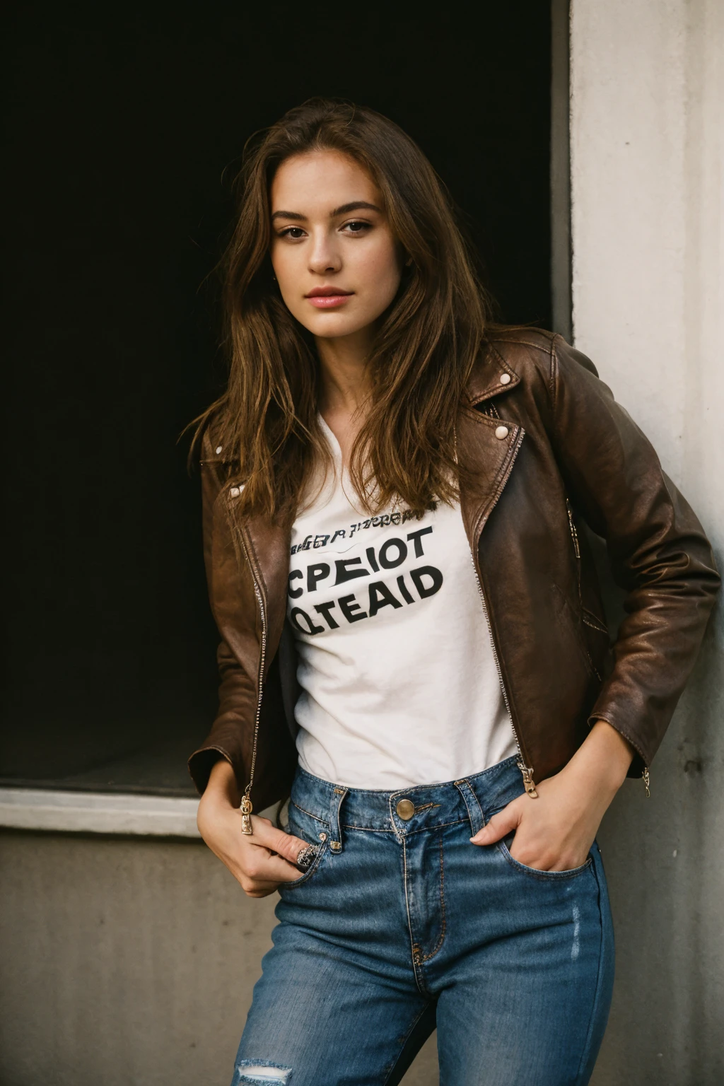 20 y.o Stella Reign, supermodel, perfect beautiful face, natural skin texture, light brown hair, brown eyes, proportional sexy posture, t-shirt, leather jacket, ripped jeans, boot