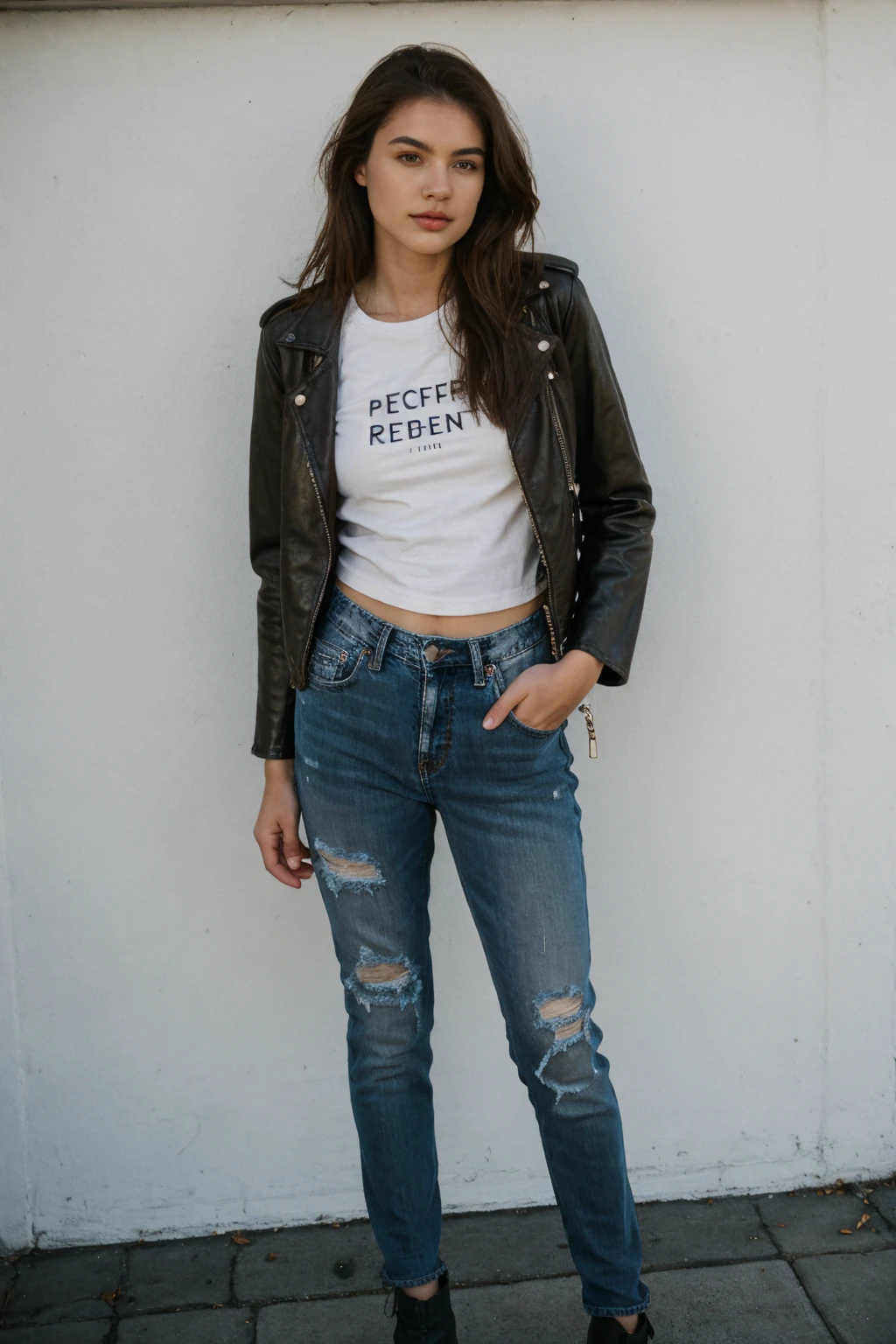 20 y.o Stella Reign, supermodel, perfect beautiful face, natural skin texture, light brown hair, brown eyes, proportional sexy posture, t-shirt, leather jacket, ripped jeans, boot