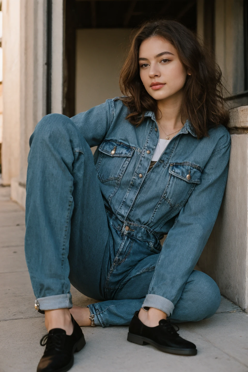 20 y.o Stella Reign, supermodel, perfect beautiful face, natural skin texture, light brown hair, brown eyes, proportional sexy posture, t-shirt, leather jacket, ripped jeans, boot