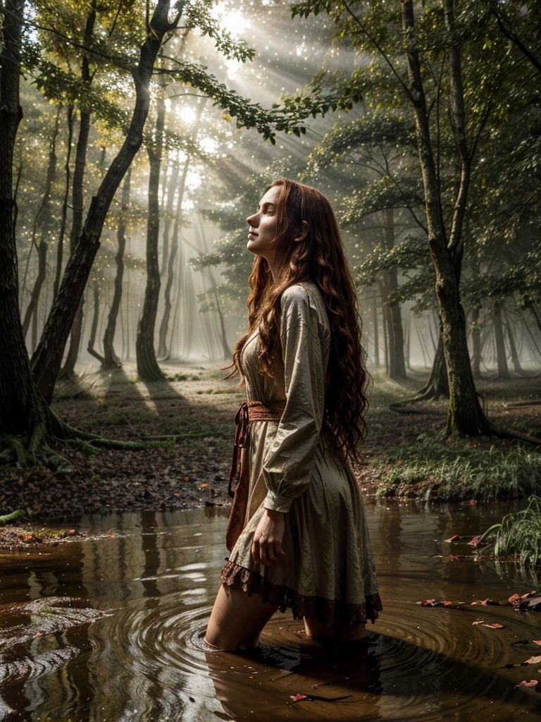 Jan Matejko's style. A portrait depicting a mature woman as Ophelia in sunlight with dirty, long red wavy hair. A pose full of resignation. Side view. Wearing a worn and torn long lace dress from the Middle Ages. She stands knee-deep in water. The long dress is wet and stained with mud. All around there is a dense and gloomy swampy forest shrouded in morning fog. Sunlight creates an interesting chiaroscuro, vivid colors. Lots of broken trees and branches. Forest lake in the background.