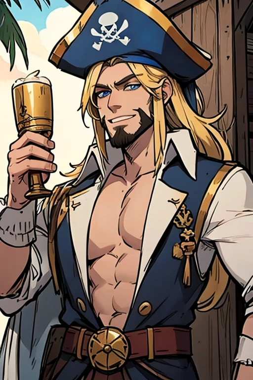 A muscular blonde haired male pirate with blue eyes and long hair and a dark beard in a pirate's outfit is smiling with a treasure chest on a tropical island