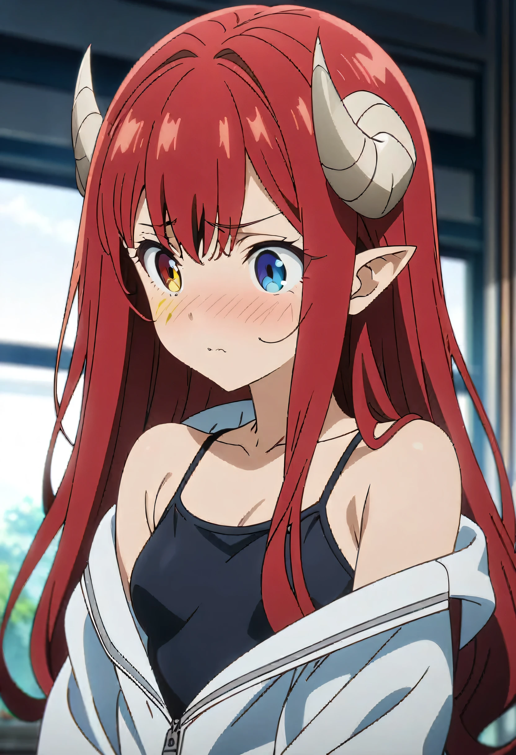 (masterpiece, best quality:1.2) best quality, girl design, portrait, giesha, anime image, long hair, red hair, shy and horny look, heterochromia eyes, hair covering horns, demon horns, blue short jeans, tight small black tank bra, white Windbreaker jacket, small breasts, full body, anime style, blurry, masterpiece, highres