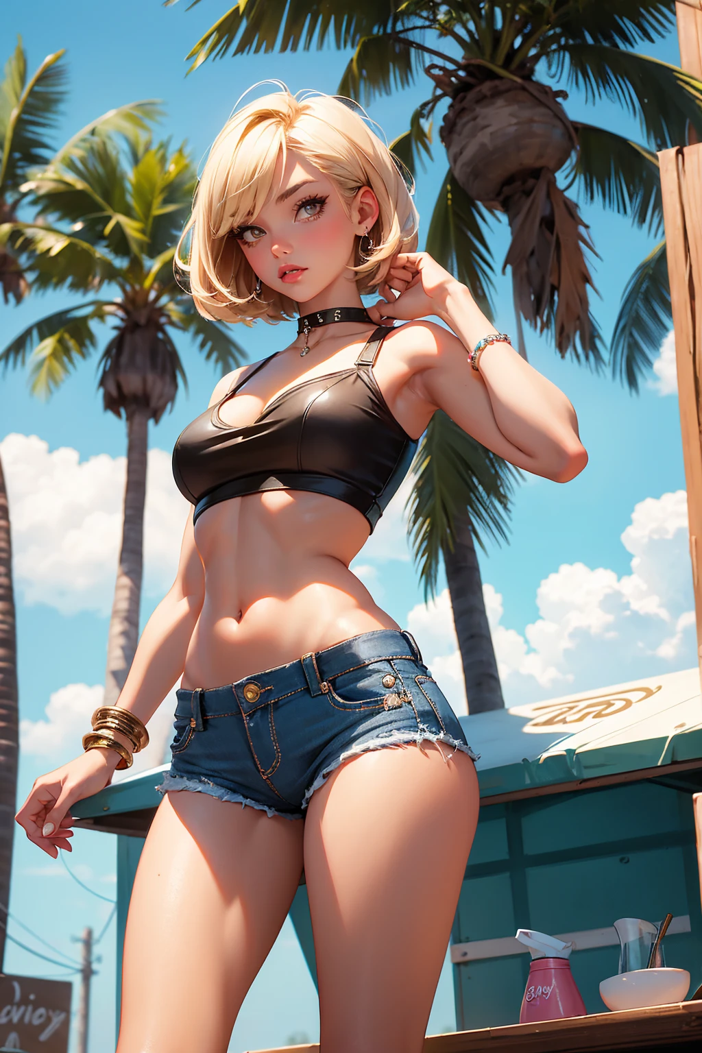 age girl-model 18 years old, beautiful, blonde, bob hair, bangs, brown eyes, beautiful figure, girl wearing crop shirt and too short mini shorts, beautiful long legs, slave bracelets, slave choker, manicure, cute makeup, flirtatiously posing, hot summer, hot flirty, sexy posing, summer outfit, top quality, higest quality, pin-up style, retro 80s style, Daisy Dukes style, slave girl, Miami vibes,