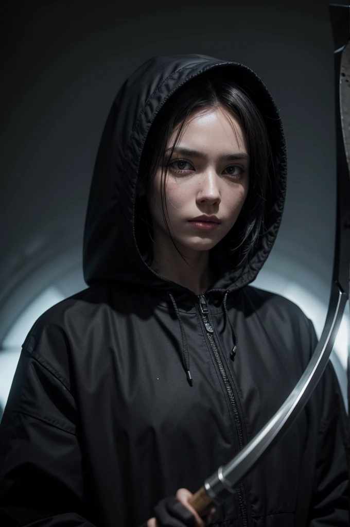 death with a hood and a scythe and dark lighting 