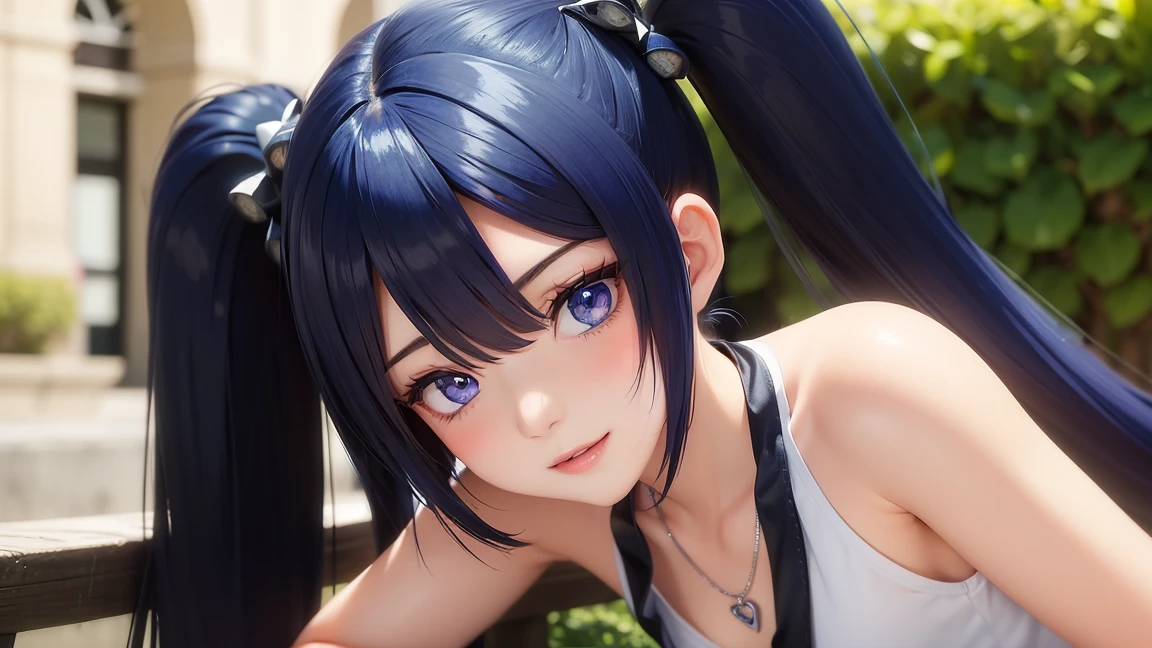 (masterpiece:1.3), (Best Quality:1.3), (Ultra-detailed:1.2), ((kawaii)), Cute, (lovely), ((sexy)), ((Extremely detailed)), 4K, (8K), Best Quality, (Beautiful), Illustration, anime style, (bold line:1.2), Gradation, looking at viewer, //, (bent down:1.1), (arms behind back), //, a cute girl, 1girl, (solo:1.2), gleaming skin, //, (flat chested), (Perfect eyes:1.2), (Perfect iris:1.2), //, darkblue hair color, (beautiful eyes) //, (half closed eyes:1.3), (sexual expression:1.2), Fascinated expression, smile, (blush:1.2), //, modern city background, on rock, twin tails, muscle girl, hard abs, exposed abs, NECKLACE, tight blouse, skirt