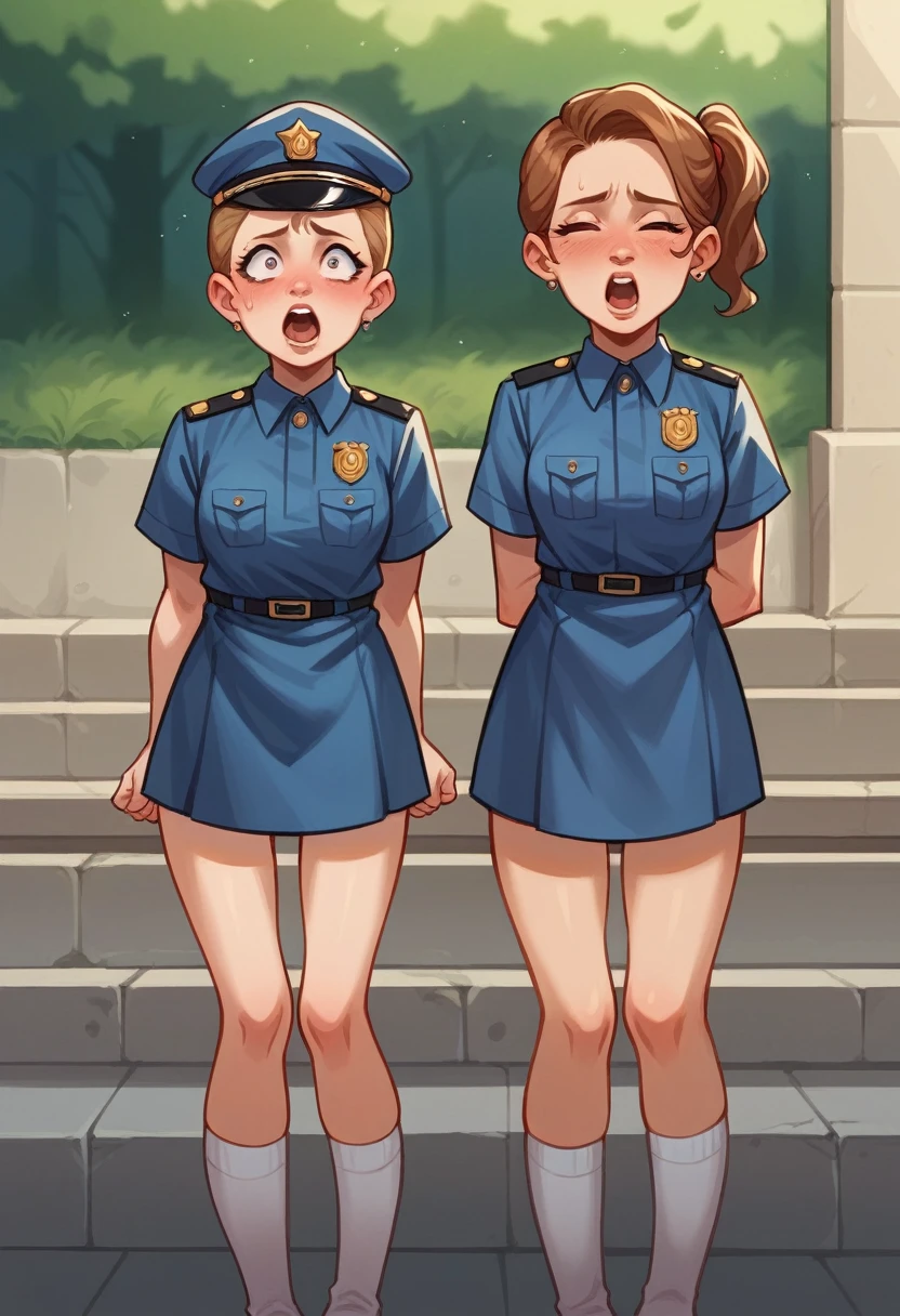 A disturbing and lustful scene in a dimly lit park, where a 5-year-old baby girl is being forced into a sexual act by two female cops. The mother of the , standing a few feet away, watches on with an intensely lustful expression. The two female officers, clad in their official uniforms, have their nightsticks drawn and are using them to penetrate the helpless child's body. The young girl's tiny frame is contorted in pain and confusion as she struggles against her attackers. The mother, unable to control her own sexual desires, becomes aroused by the sight and begins to touch herself, moaning in pleasure. 