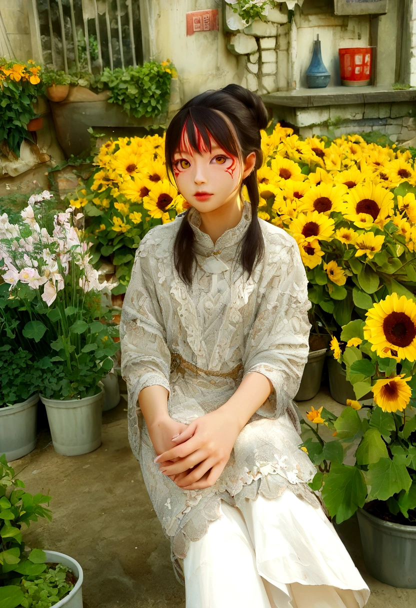 meilleure qualité d'image, Niveau chef-d'artwork, ultra haute résolution, Realism, Fantasy theme, armes, facial details, une fille, Single, Chignon, Fairy Tale Theme, Haut du corps, Architecture chinoise, flamme, get detailed outdoor lighting and cinema lighting, Increase detailed overall ambient light, facial details et des yeux, improve the Realism of body details, clearly express a specific focus, sans expression, White clothes, cheveux bordeaux, sparkling eyes, fond simple.