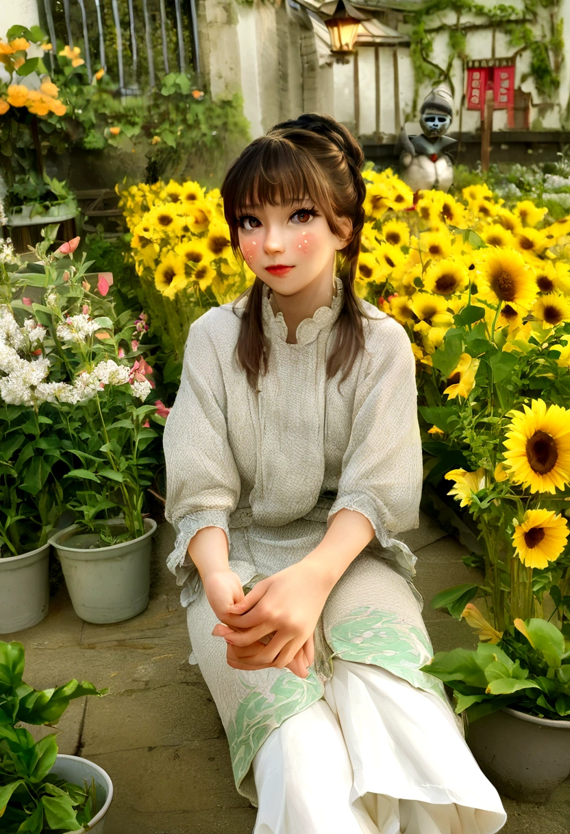 meilleure qualité d'image, Niveau chef-d'artwork, ultra haute résolution, Realism, Fantasy theme, armes, facial details, une fille, Single, Chignon, Fairy Tale Theme, Haut du corps, Architecture chinoise, flamme, get detailed outdoor lighting and cinema lighting, Increase detailed overall ambient light, facial details et des yeux, improve the Realism of body details, clearly express a specific focus, sans expression, White clothes, cheveux bordeaux, sparkling eyes, fond simple.