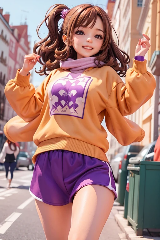 a woman has brown hair, wears purple sweatshirt, happy smiling and jumping.